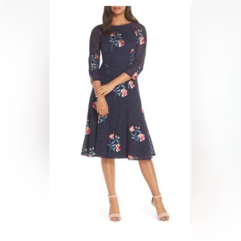 Eliza J Navy Lace Overlay Long Sleeve Dress with Embroidered Flowers, NWT